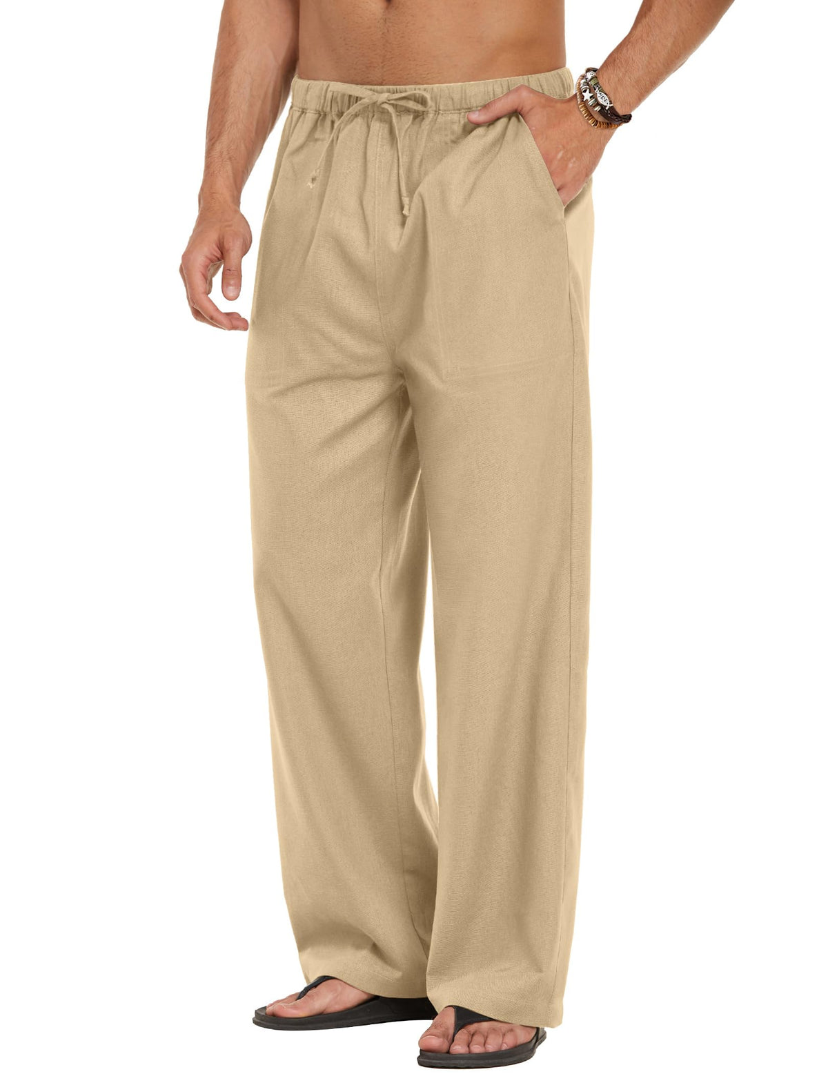 COOFANDY Men Linen Pants Casual Elastic Waist Drawstring Pants Summer Beach