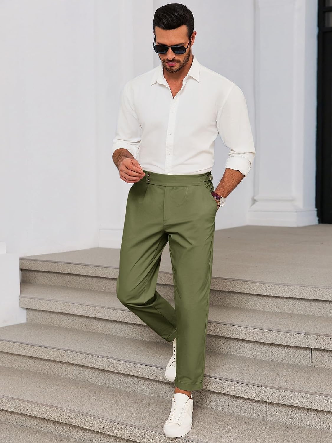 Runcati Mens Chinos Slim Fit Pleated Front Tapered Casual Dress Pants