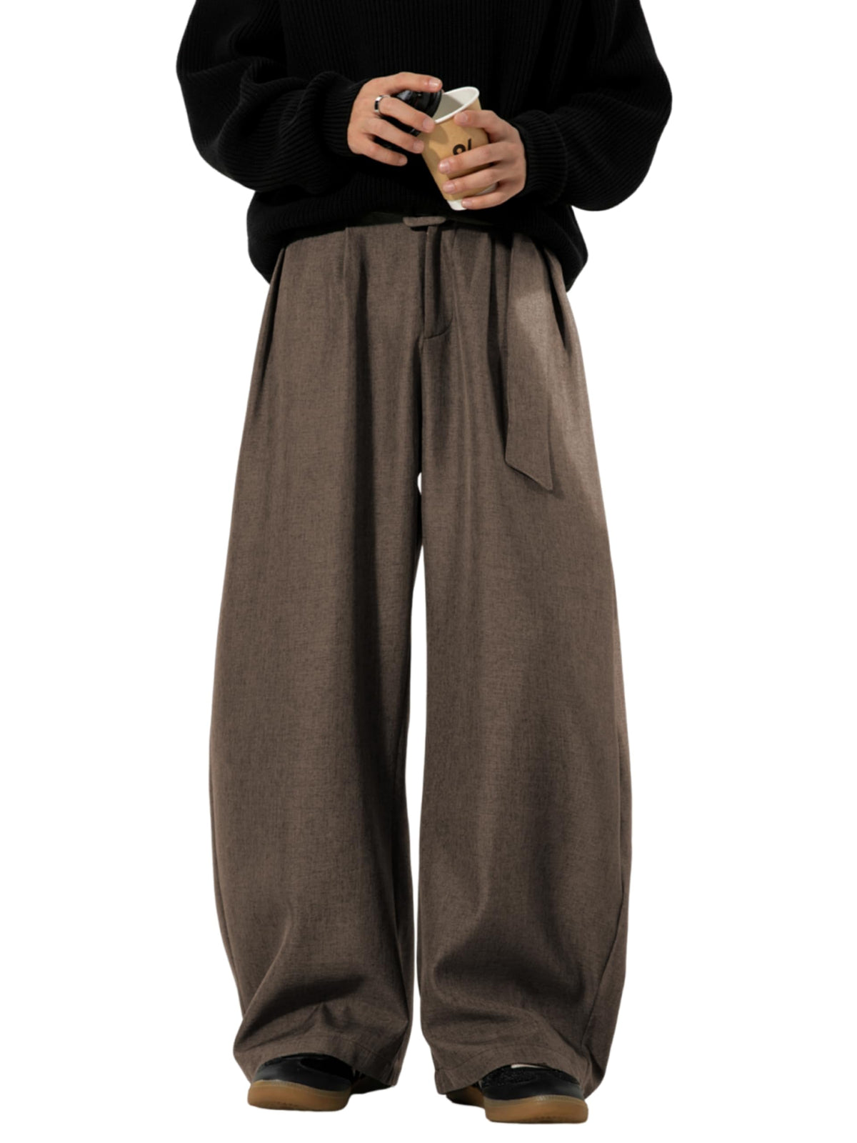 Mens Pleated Wide Leg Baggy Dress Pants Casual Elastic Waist Fall Long Trousers with Pockets