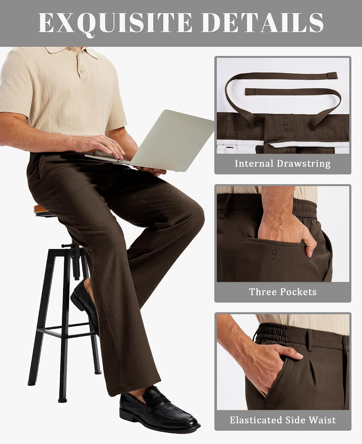 Susclude Mens Bootcut Casual Dress Pants Flared Wide Leg Old Money Pleated Elastic Waist Slacks Vintage Work Office Trousers
