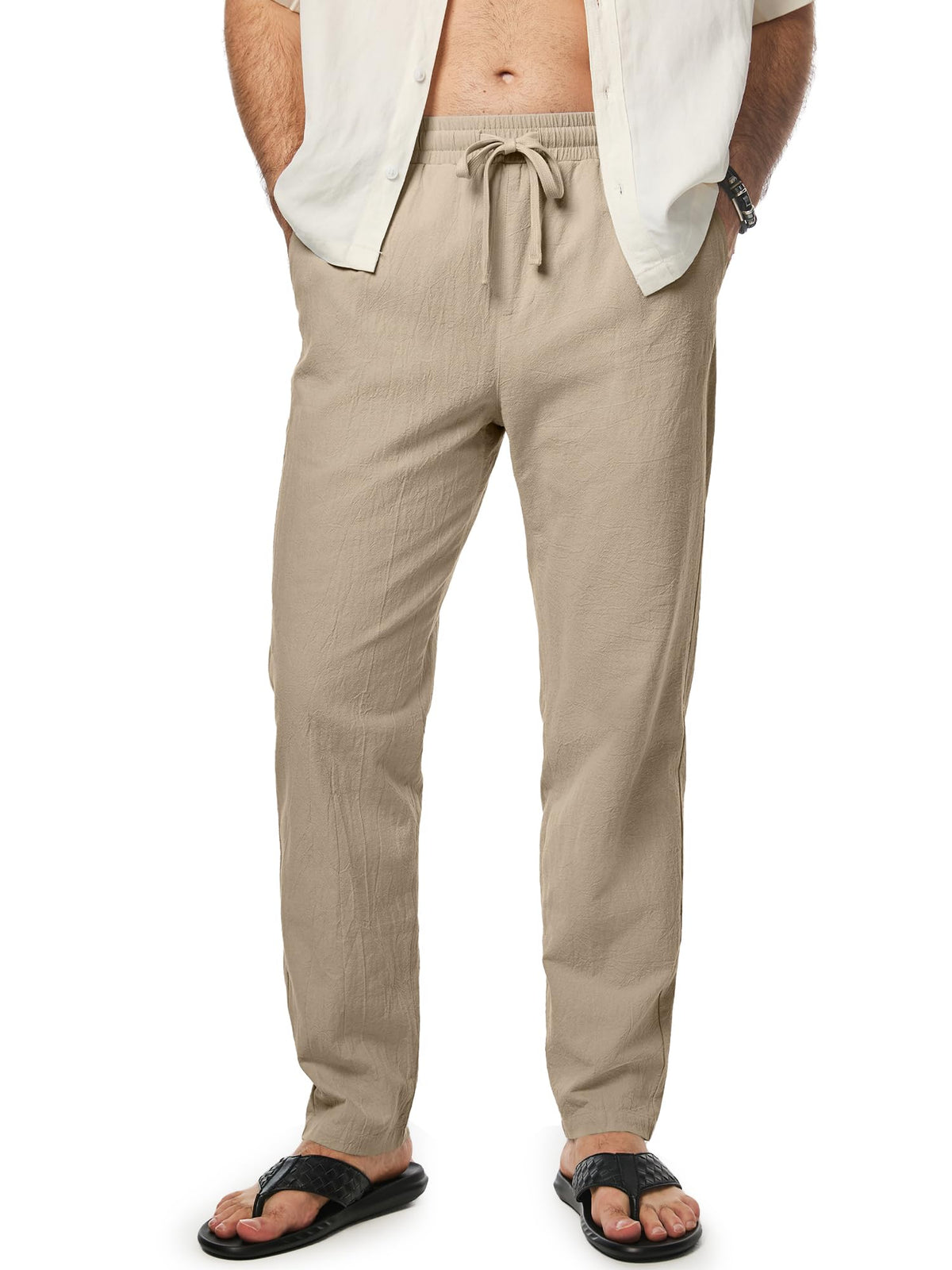 JMIERR Mens 100% Cotton Pants Casual Elastic Waist Drawstring Lightweight Summer Beach Trousers with Pockets
