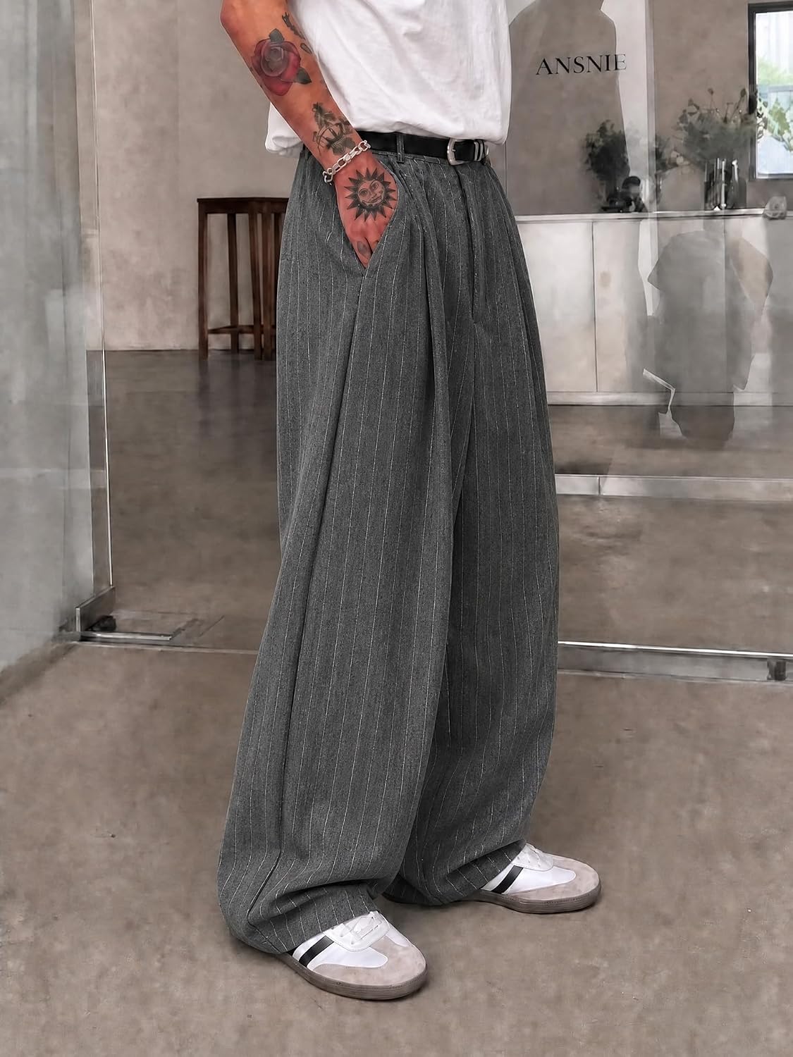 Men's Wide Leg Pinstripe Dress Pants, Relaxed Fit Elastic Waist Smart Casual Suit Trousers, Office Commuter Slacks