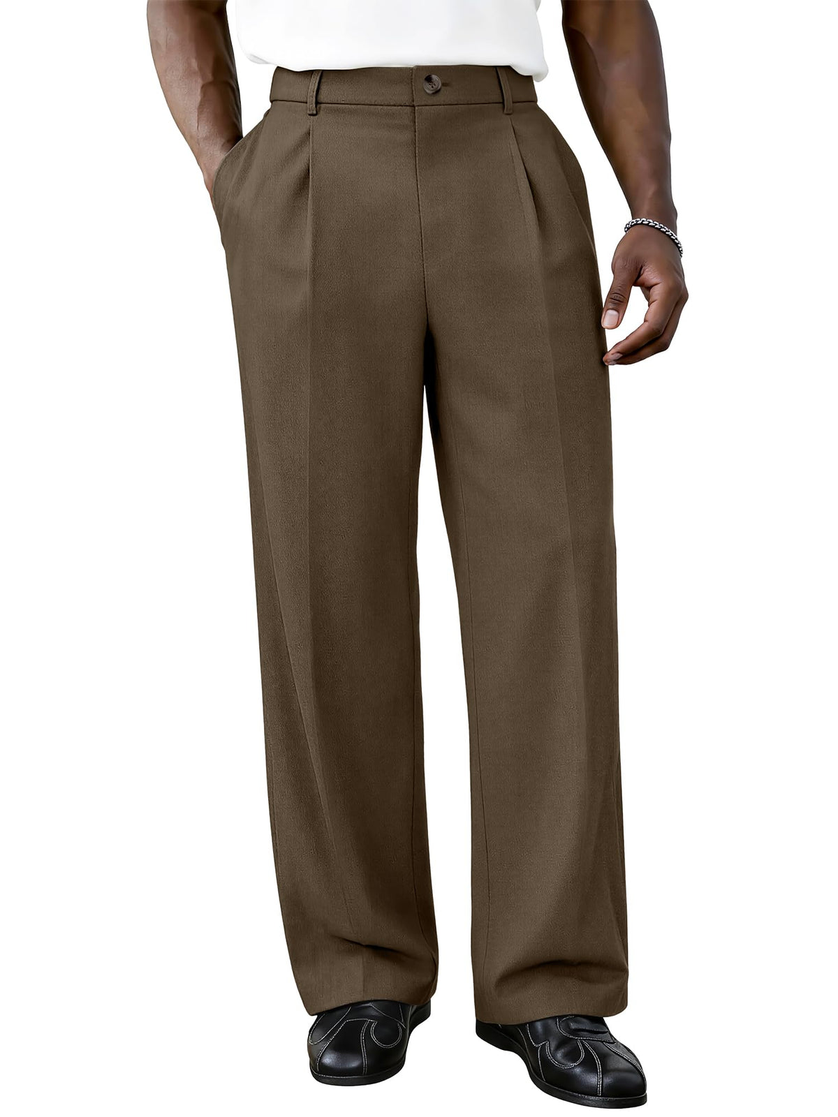 PLEPAN Men's Baggy Dress Pants Pleated Wide Leg Relaxed Fit Slacks