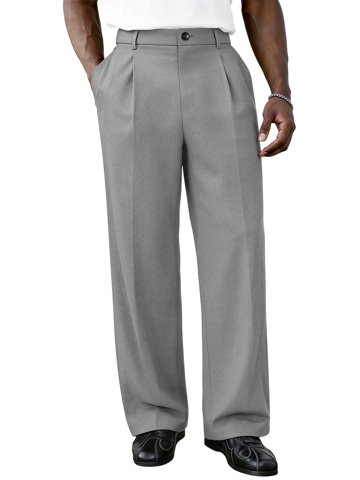 PLEPAN Men's Baggy Dress Pants Pleated Wide Leg Relaxed Fit Slacks