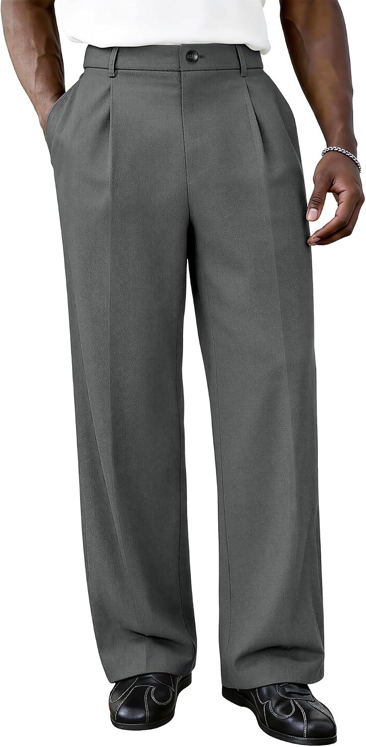 PLEPAN Men's Baggy Dress Pants Pleated Wide Leg Relaxed Fit Slacks