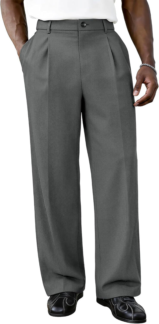 PLEPAN Men's Baggy Dress Pants Pleated Wide Leg Relaxed Fit Slacks