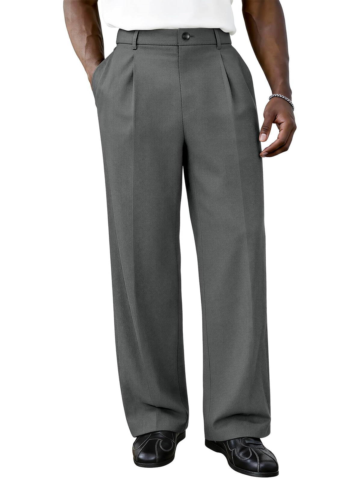 PLEPAN Men's Baggy Dress Pants Pleated Wide Leg Relaxed Fit Slacks