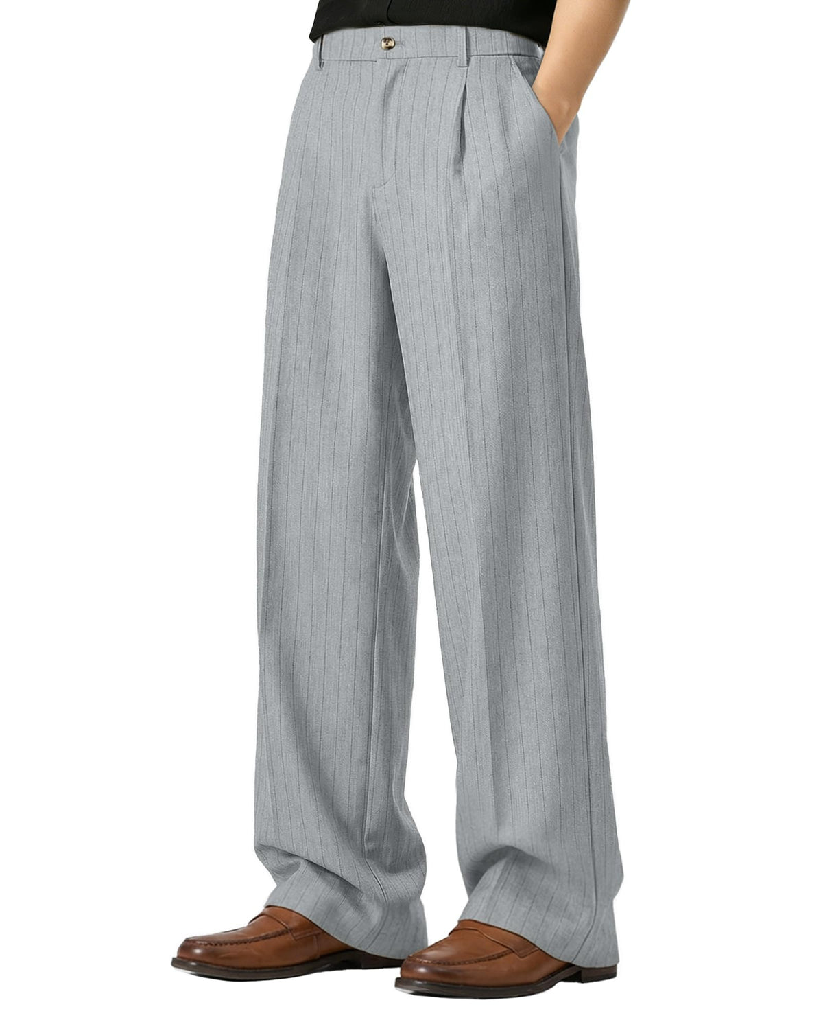 Susclude Mens Pinstripe Casual Dress Pants Old Money Wide Leg Baggy Pleated Slacks Elastic Wasist Loose Fit Work Trousers