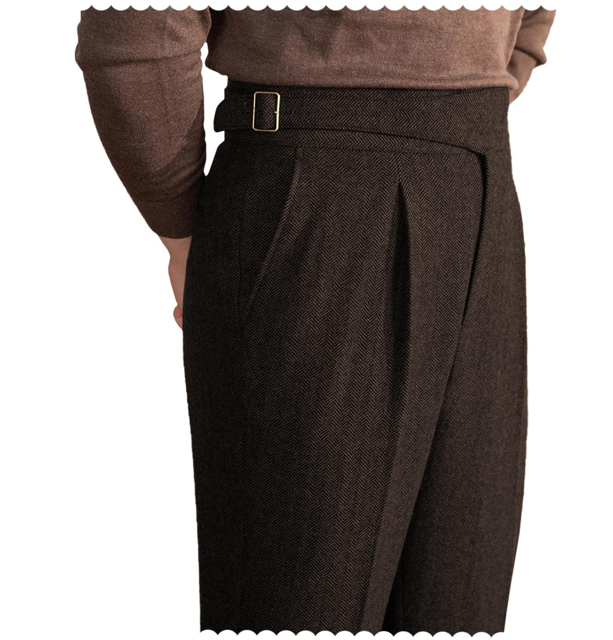 Men Trousers Vintage Tweed Blend Pants Herringbone Slim Fit Pleat-Front Pant