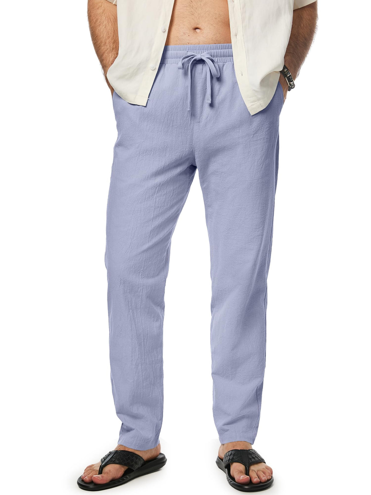 JMIERR Mens 100% Cotton Pants Casual Elastic Waist Drawstring Lightweight Summer Beach Trousers with Pockets