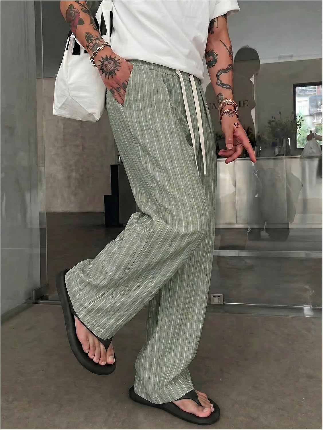 SOLY HUX Men's Striped Baggy Wide Leg Pants Drawstring Pants Trousers