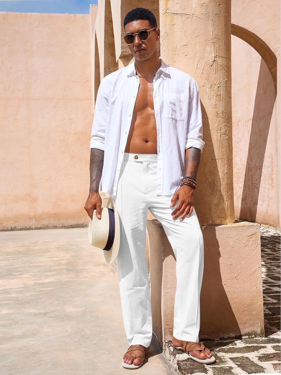 Runcati Mens Cotton Linen Casual Pants Dress Elastic Waist Trousers Slacks