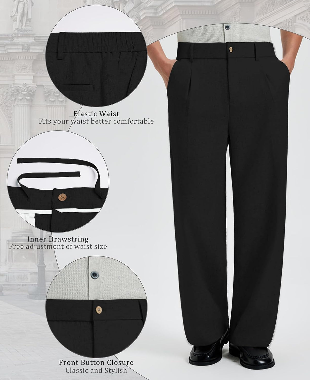 Susclude Mens Linen Casual Dress Pants Old Money Wide Leg Baggy Pleated Vintage Relaxed Fit Slacks Work Office Trousers