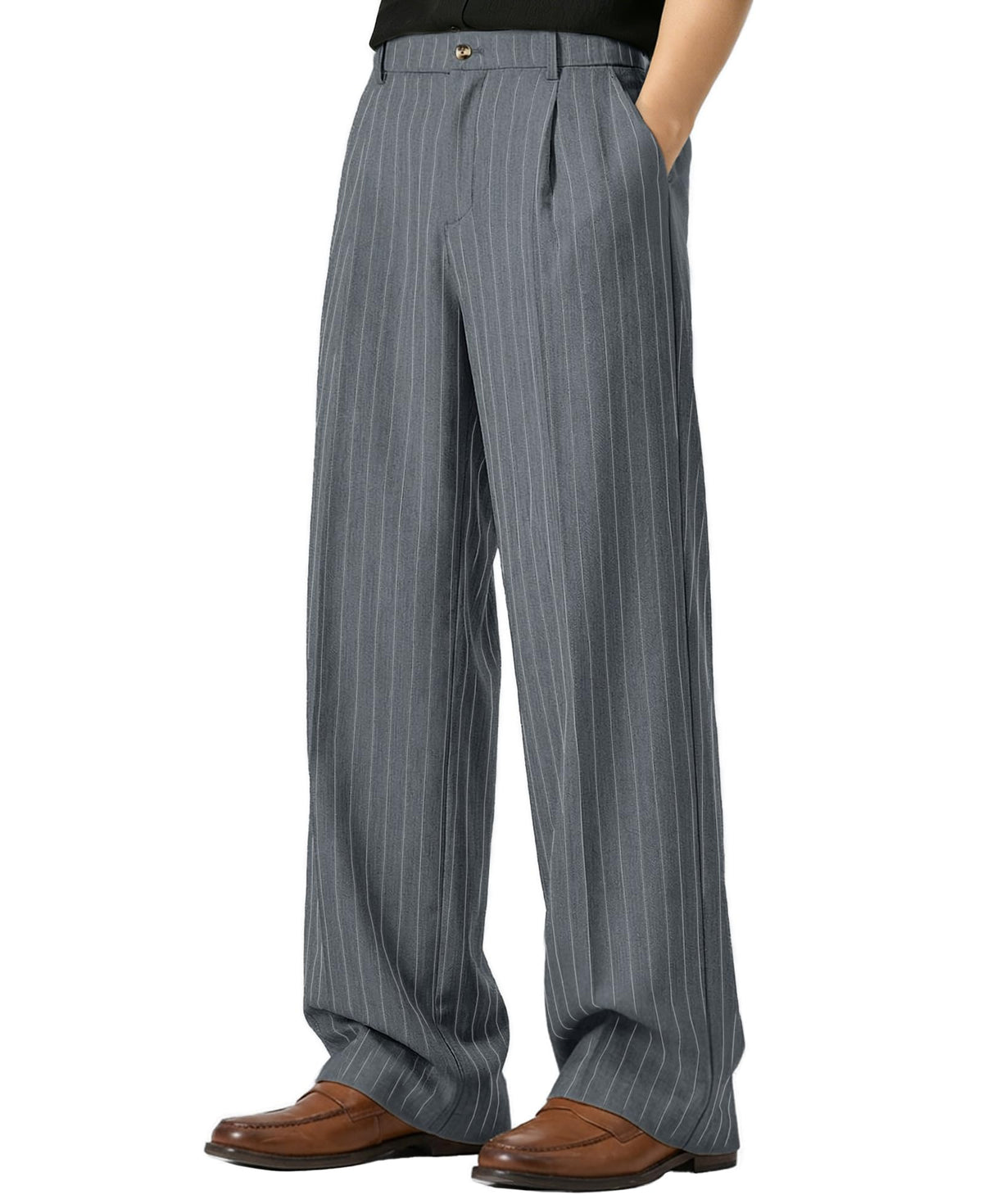 Susclude Mens Pinstripe Casual Dress Pants Old Money Wide Leg Baggy Pleated Slacks Elastic Wasist Loose Fit Work Trousers