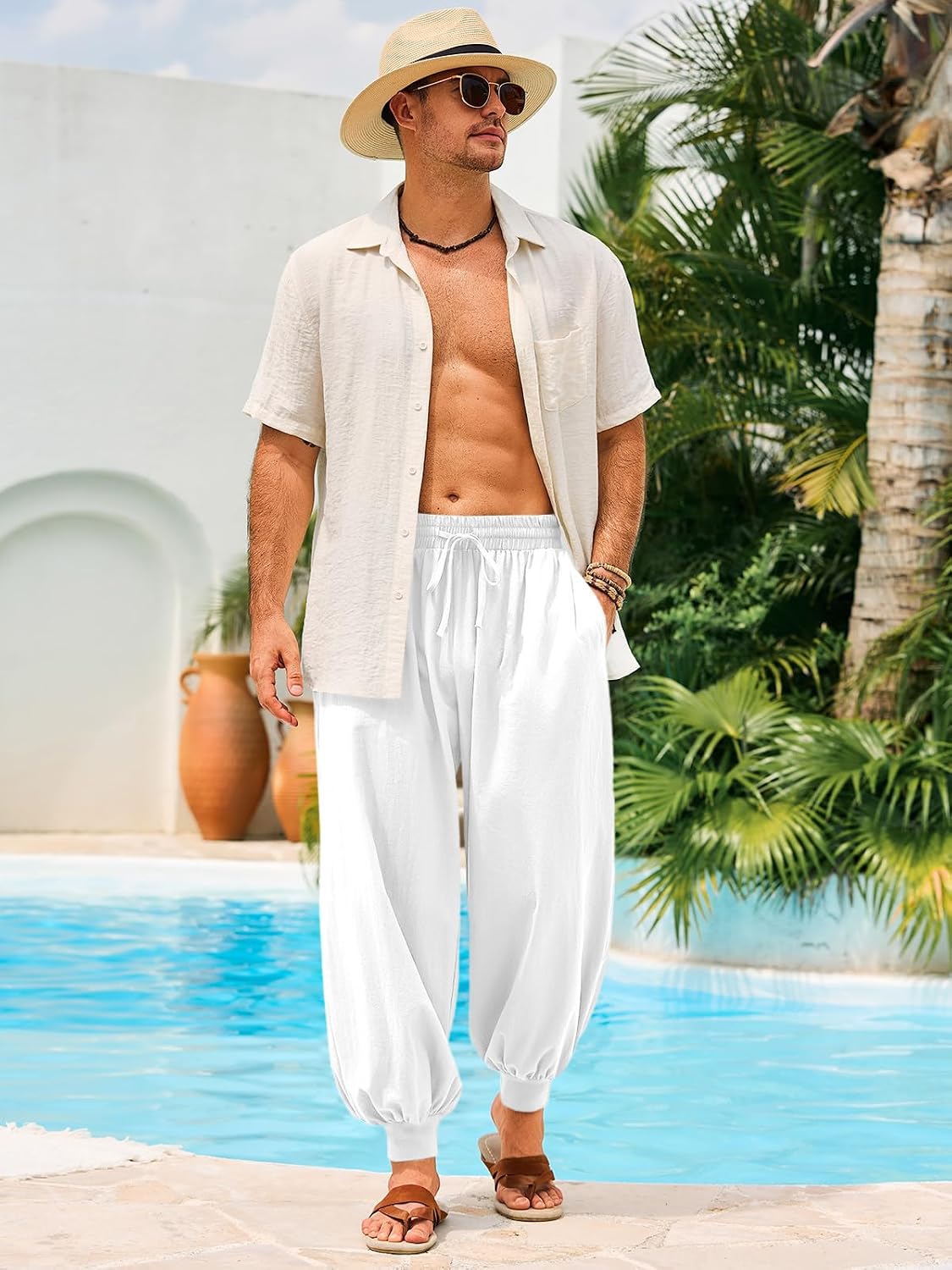 Runcati Mens Harem Pants Casual Baggy Trousers Cotton Boho Pants