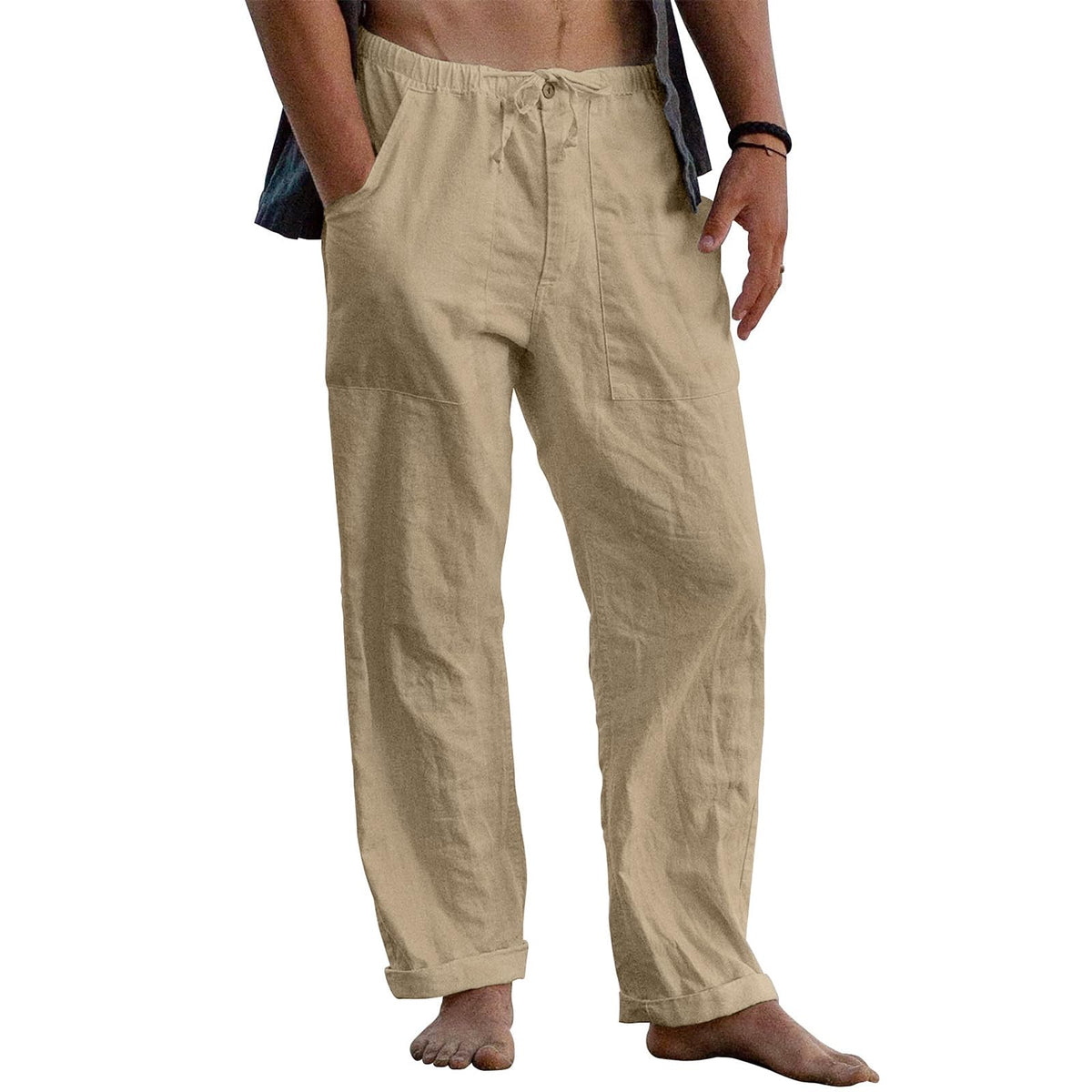 Puimentiua Mens Cotton Linen Pants Casual Loose Fit Summer Beach Pants