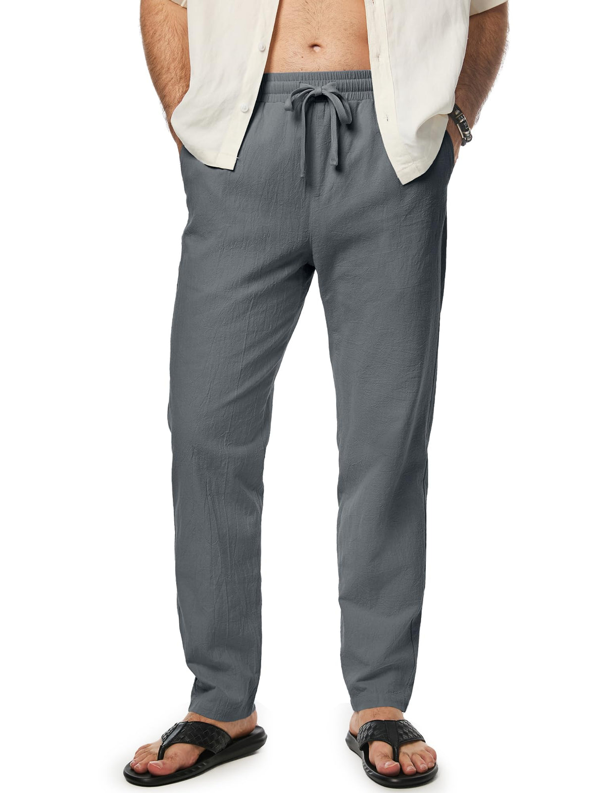 JMIERR Mens 100% Cotton Pants Casual Elastic Waist Drawstring Lightweight Summer Beach Trousers with Pockets