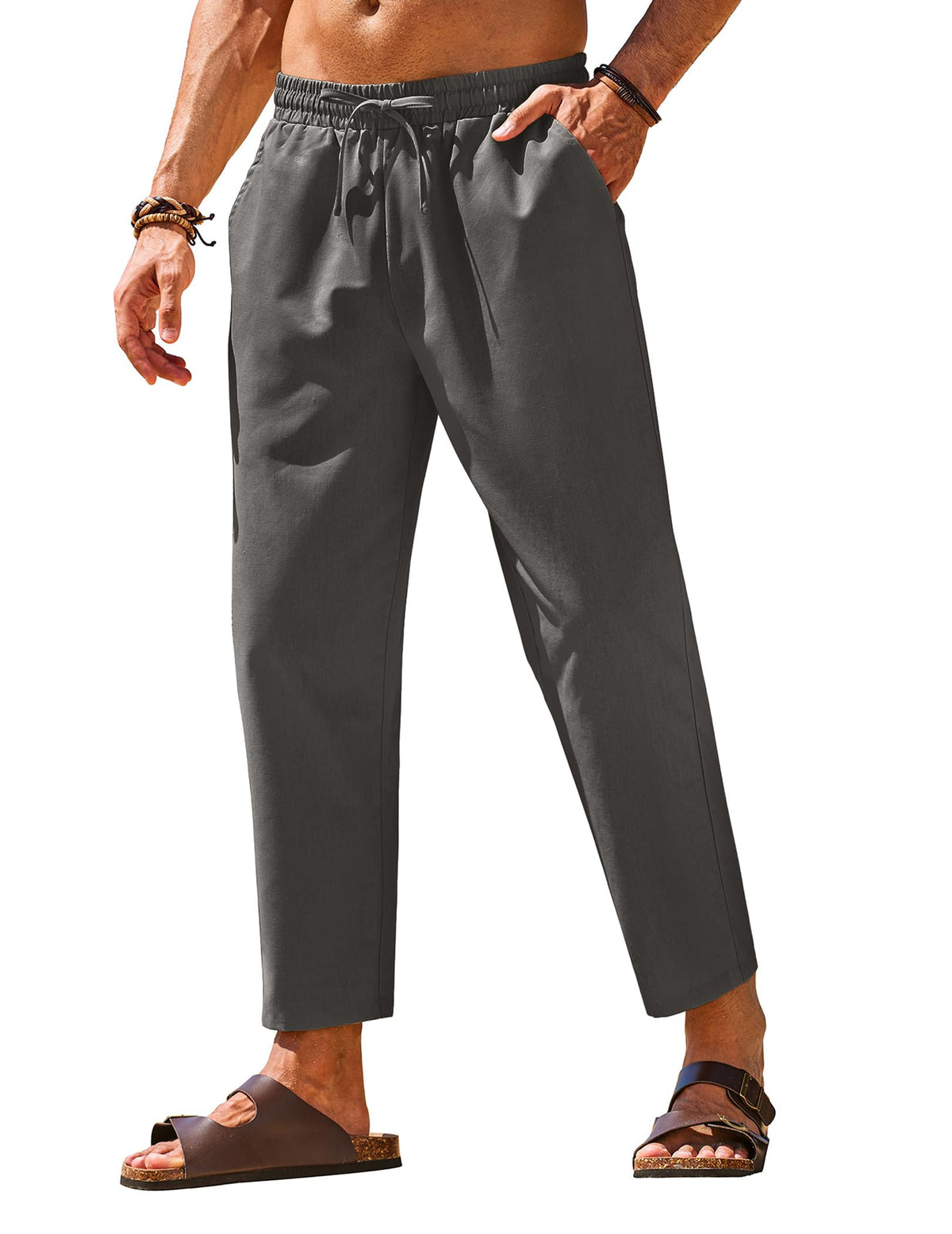 COOFANDY Mens Linen Casual Pants Elastic Drawstring Trousers Summer Pants