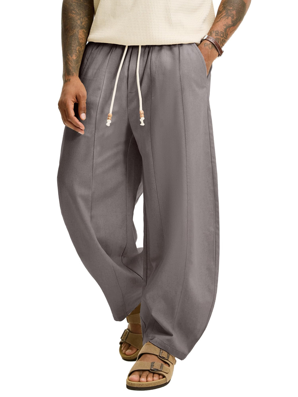 JEMLDL Men's Baggy Linen Cotton Pants Drawstring Summer Beach Vacation Pant