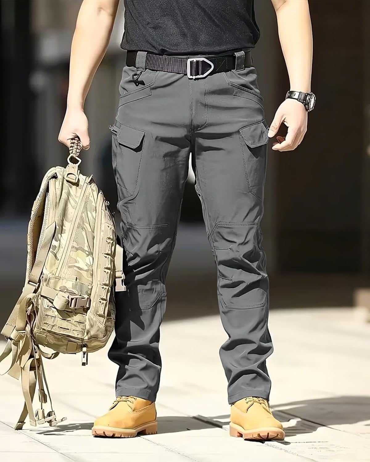 Men's Lightweight Tactical Pants, Water Resistant Hiking Cargo Pants with Multiple Pockets for Outdoor (No Belt)