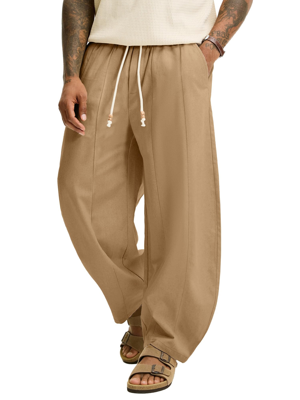 JEMLDL Men's Baggy Linen Cotton Pants Drawstring Summer Beach Vacation Pant