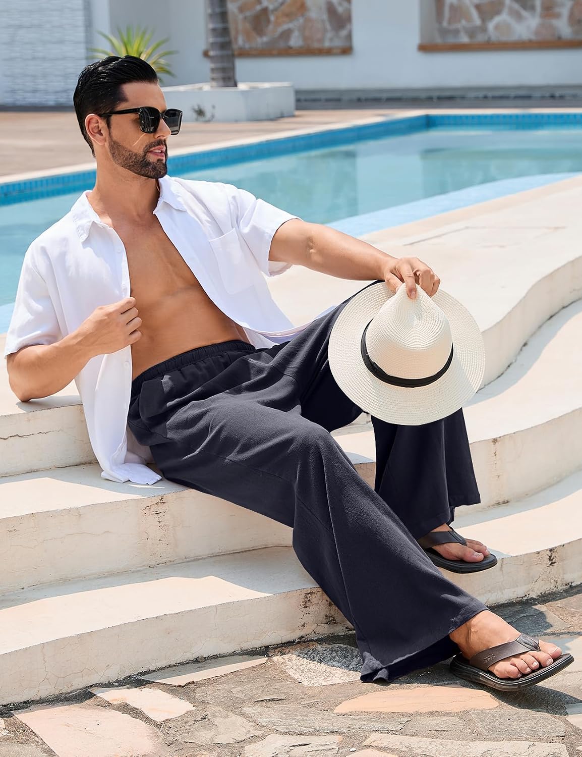 Kissonic Mens Casual Linen Pants Elastic Waist Cotton Wide Leg Trousers