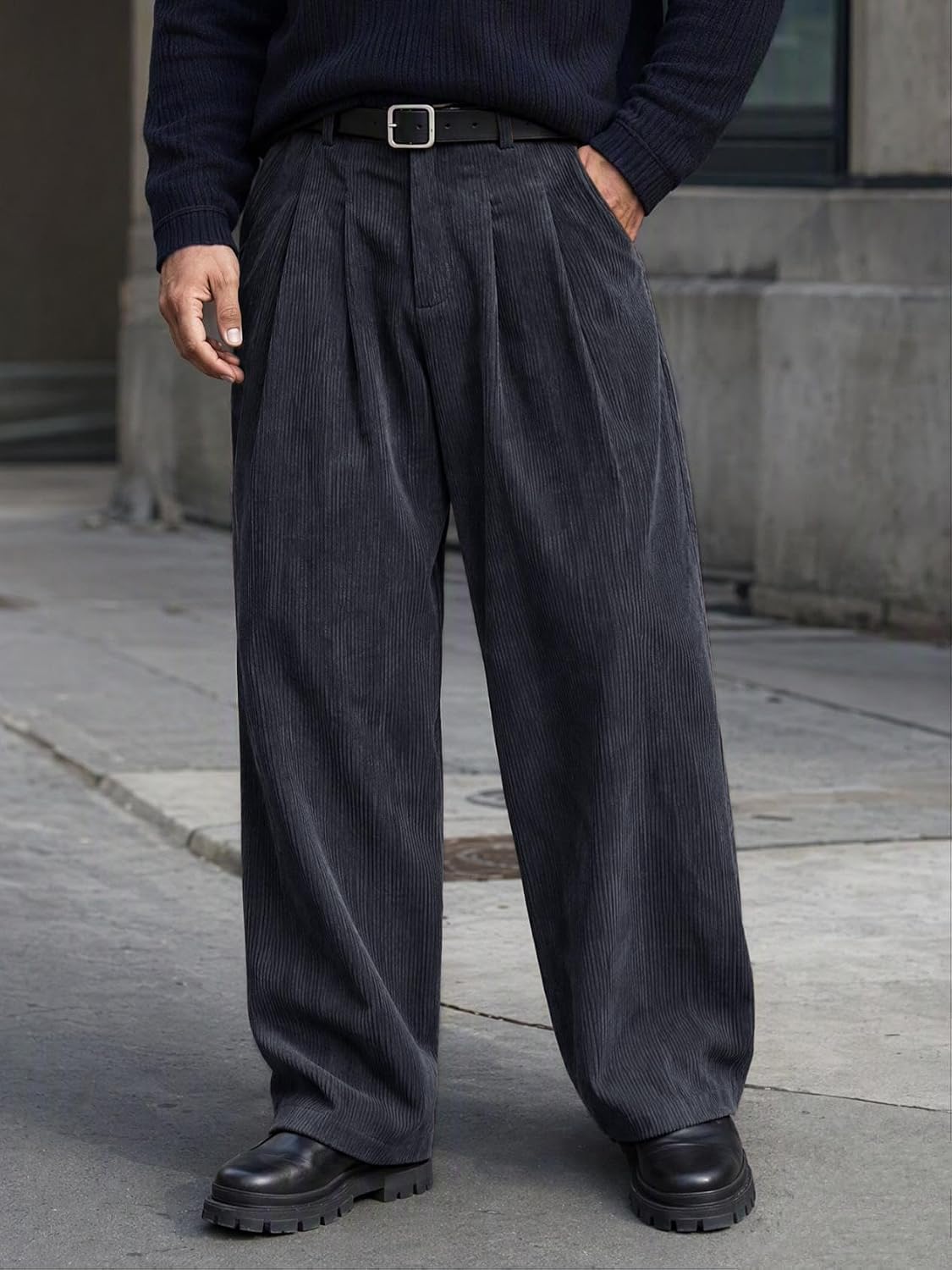 Runcati Mens Corduroy Baggy Pants Wide Leg Casual Fall Dress Slacks