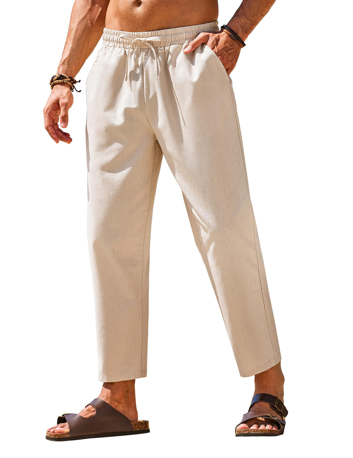 COOFANDY Mens Linen Casual Pants Elastic Drawstring Trousers Summer Pants