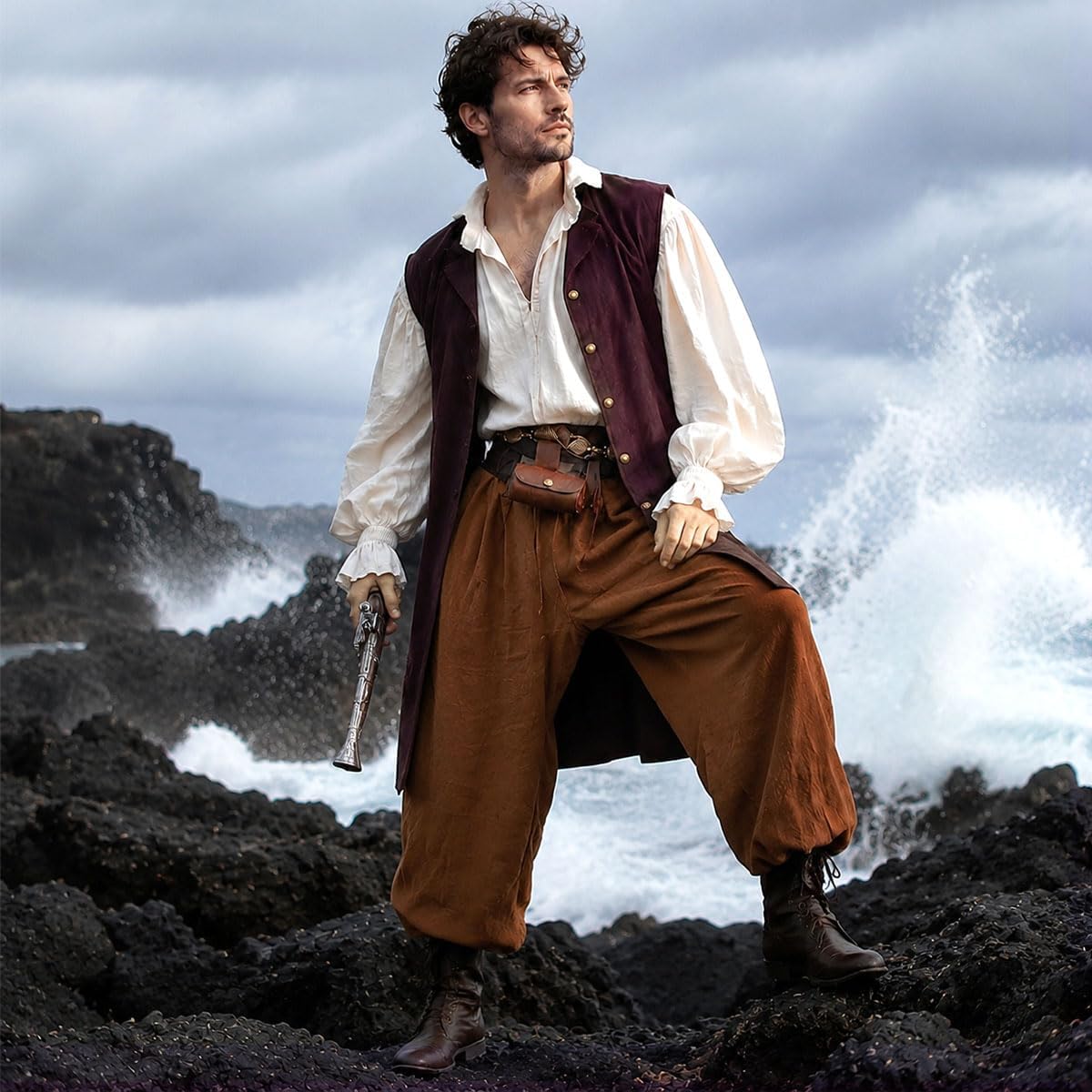 Men’s Renaissance Pirate Pants Wide Leg Cotton Medieval Trousers with Pockets for Ren Faire Cosplay
