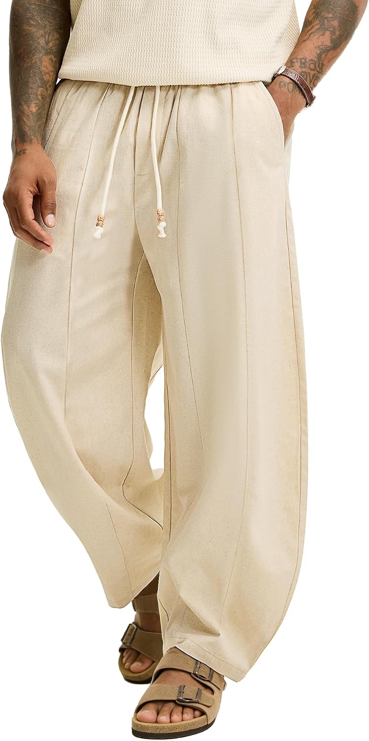 JEMLDL Men's Baggy Linen Cotton Pants Drawstring Summer Beach Vacation Pant