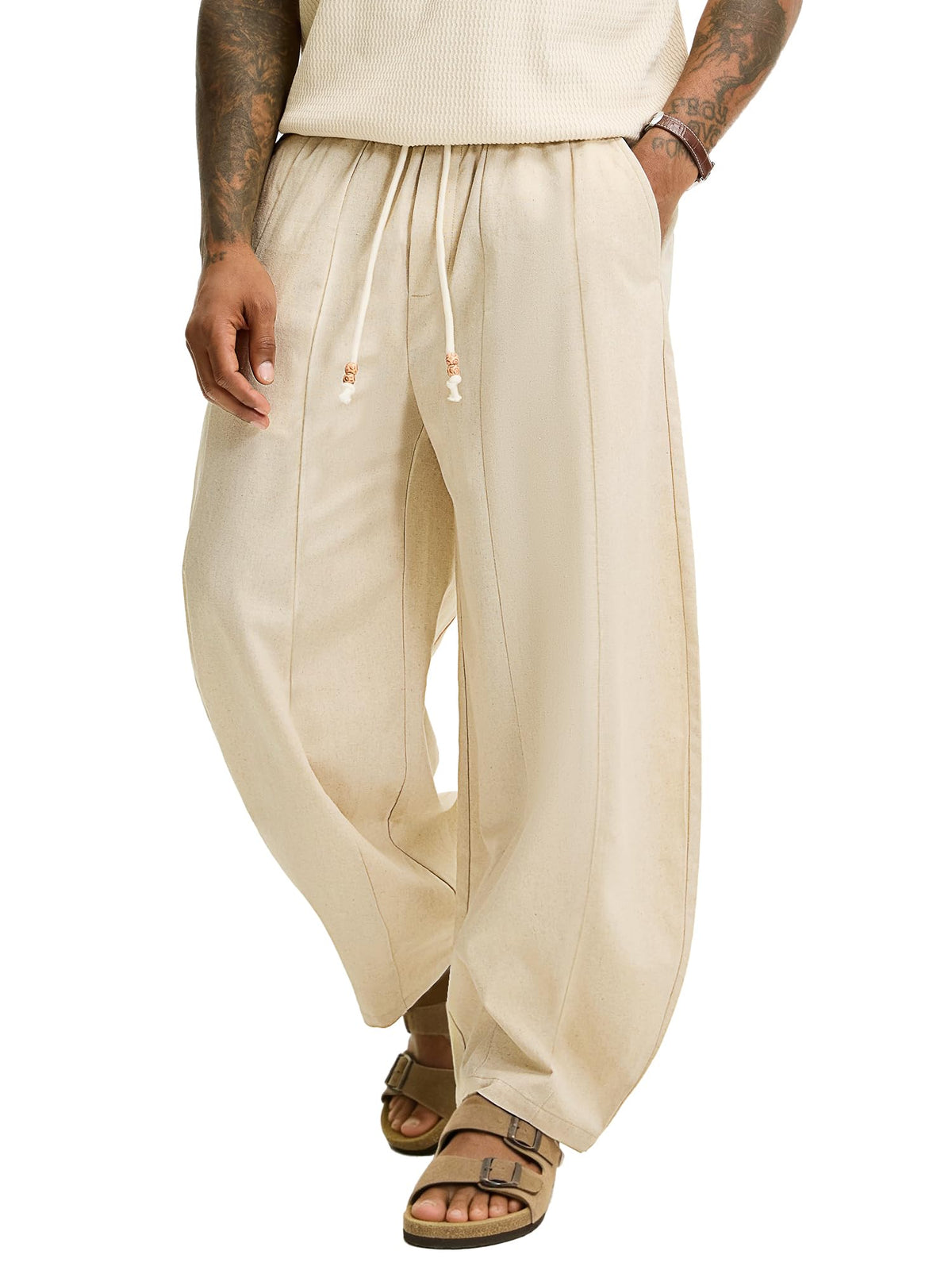 JEMLDL Men's Baggy Linen Cotton Pants Drawstring Summer Beach Vacation Pant