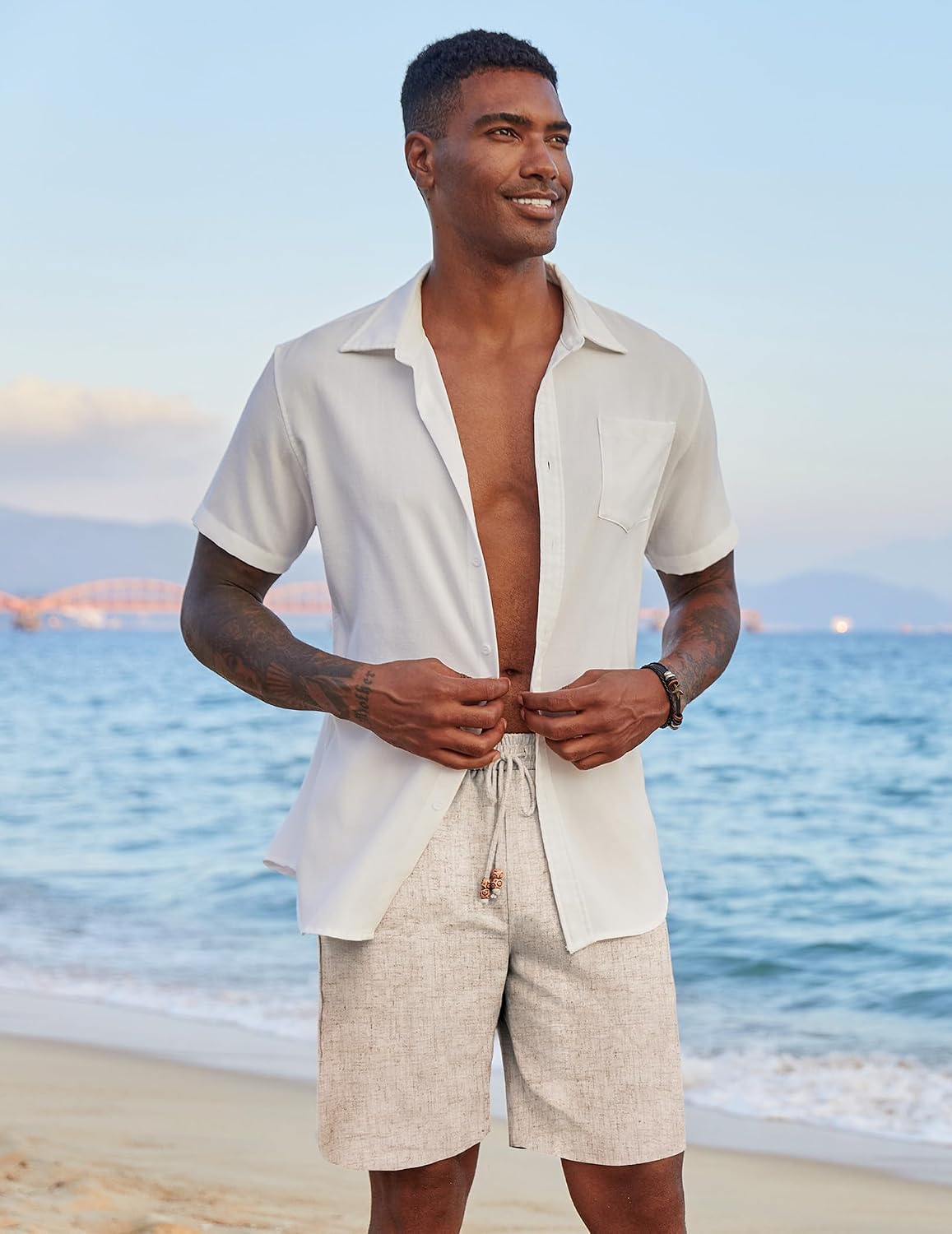 COOFANDY Men Linen Beach Shorts Casual Drawstring Summer Vacation Shorts