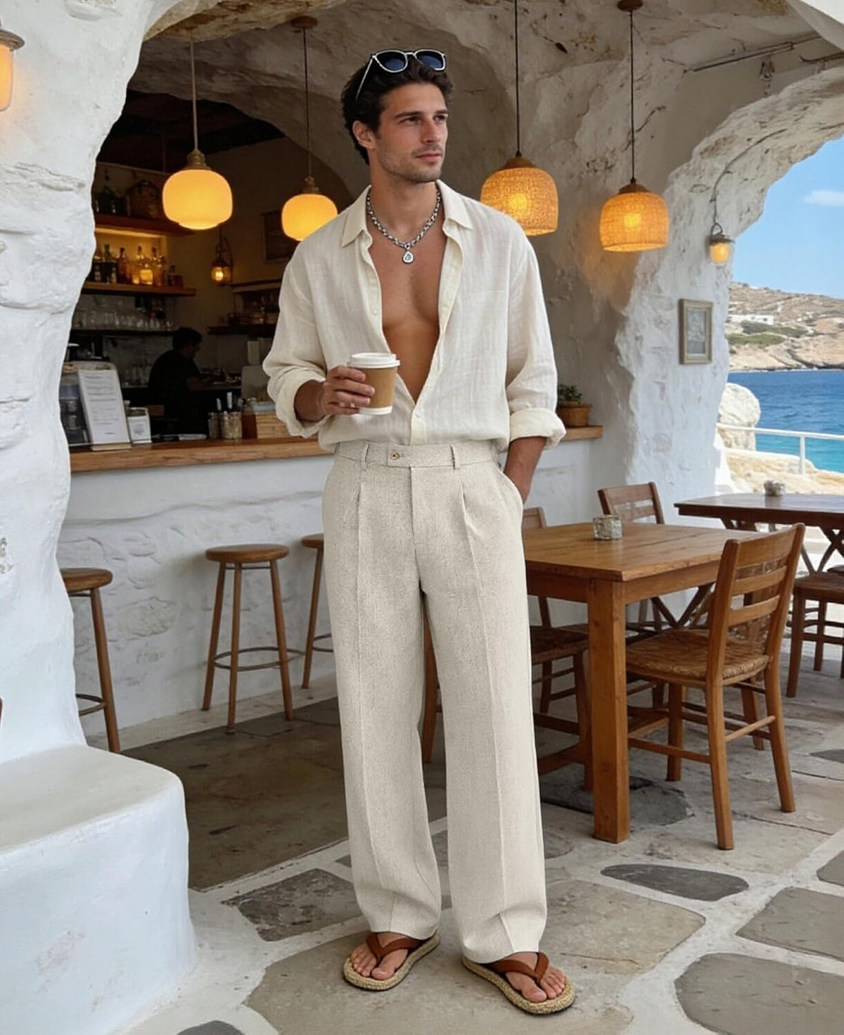 Susclude Mens Linen Casual Dress Pants Wide Leg Baggy Pleated Work Trousers