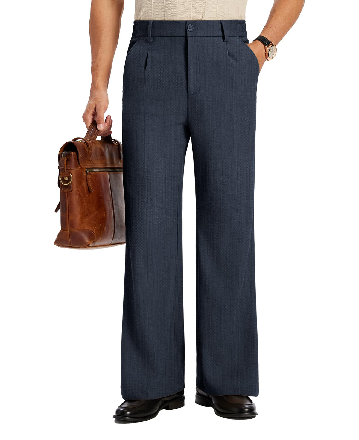 Susclude Mens Bootcut Casual Dress Pants Flared Wide Leg Old Money Pleated Elastic Waist Slacks Vintage Work Office Trousers