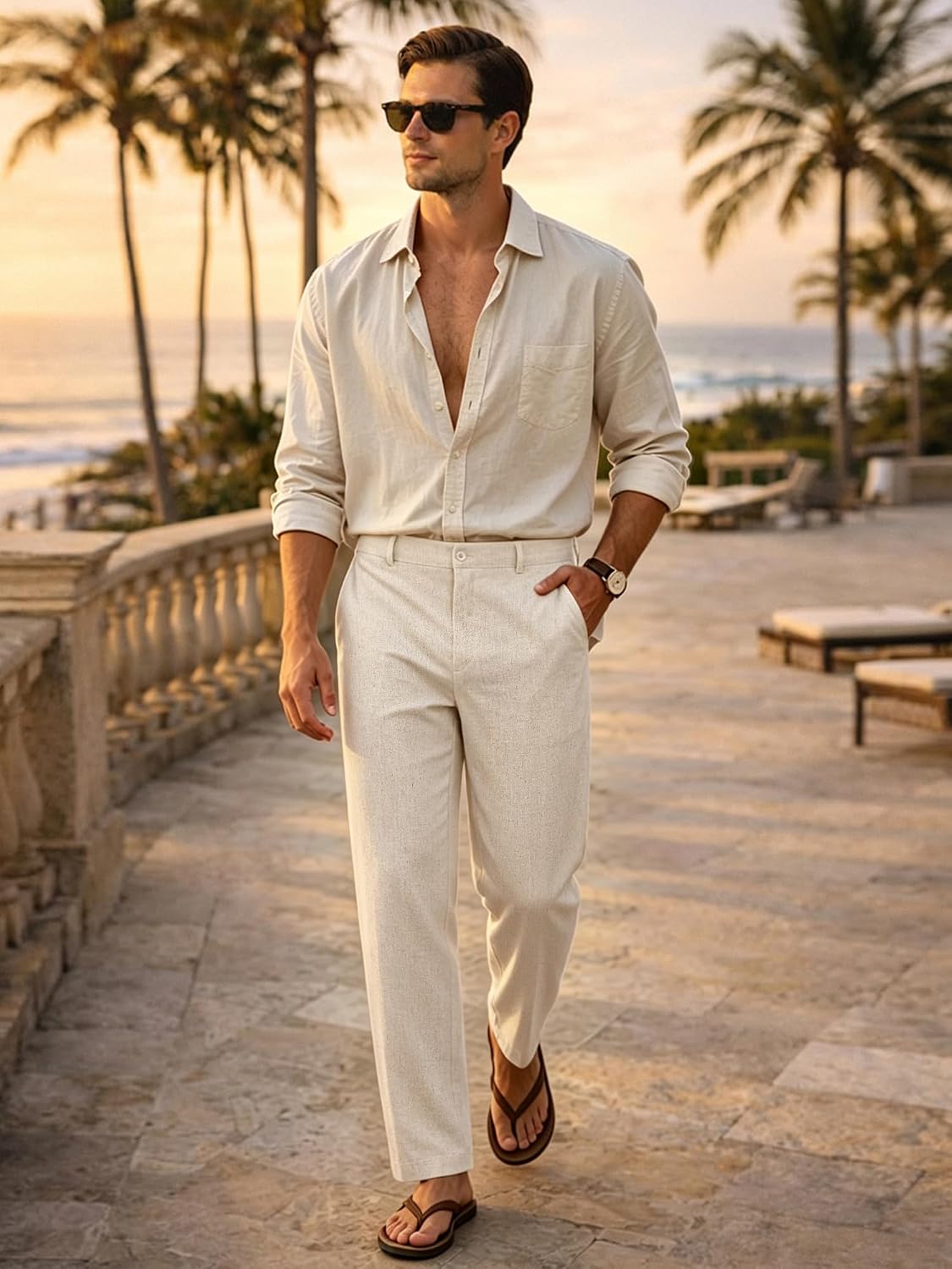 Puimentiua Mens Linen Casual Business Dress Pants Elastic Waist Regular Fit