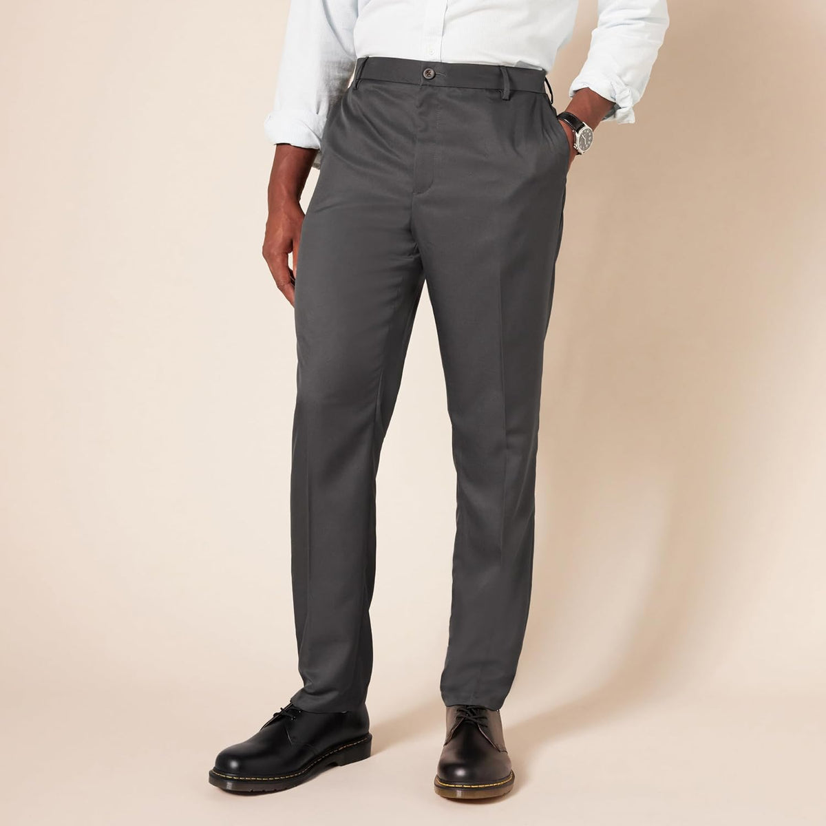 Amazon Essentials Men's Slim-Fit Flat-Front Dress Pants, Straight Leg, Polyester, Stone
