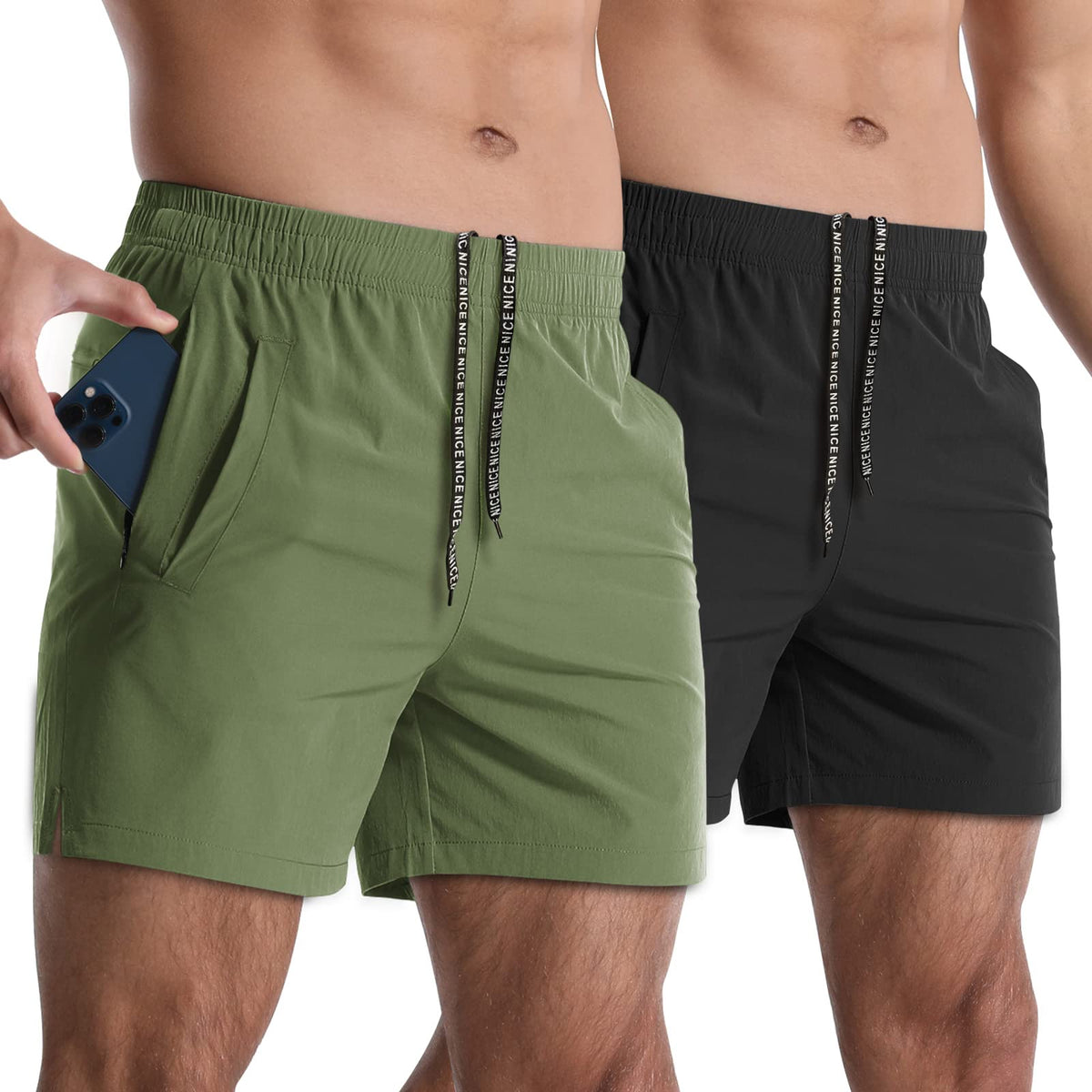 2 Pack Mens Athletic Shorts 5" Gym Workout Running Zipper Pockets