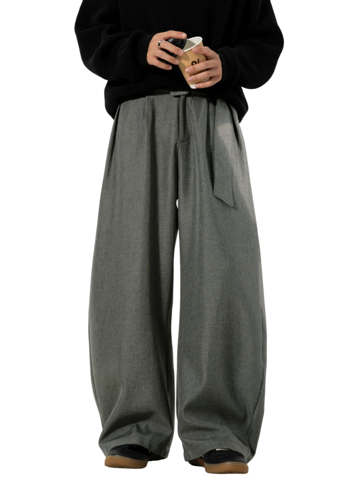 Mens Pleated Wide Leg Baggy Dress Pants Casual Elastic Waist Fall Long Trousers with Pockets