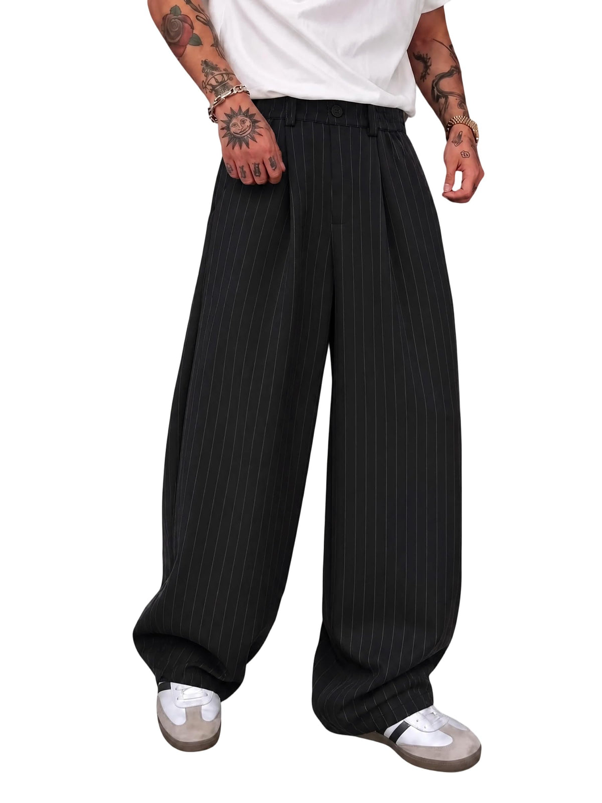 Men's Wide Leg Pinstripe Dress Pants, Relaxed Fit Elastic Waist Smart Casual Suit Trousers, Office Commuter Slacks