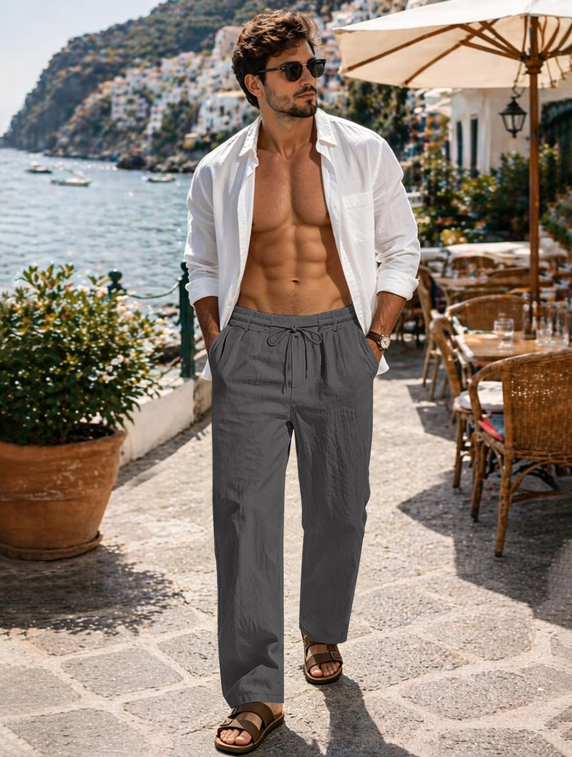 Puimentiua Casual Linen Pants Men Elastic Drawstring Baggy Summer Lounge
