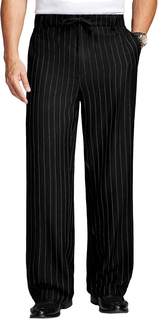Susclude Mens Pinstripe Wide Leg Dress Pant Baggy Drawstring Trouser Street