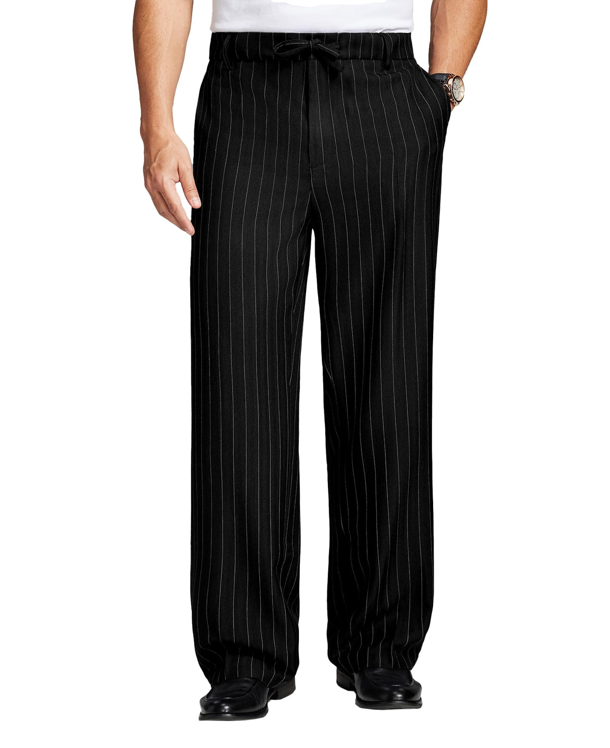 Susclude Mens Pinstripe Wide Leg Dress Pant Baggy Drawstring Trouser Street