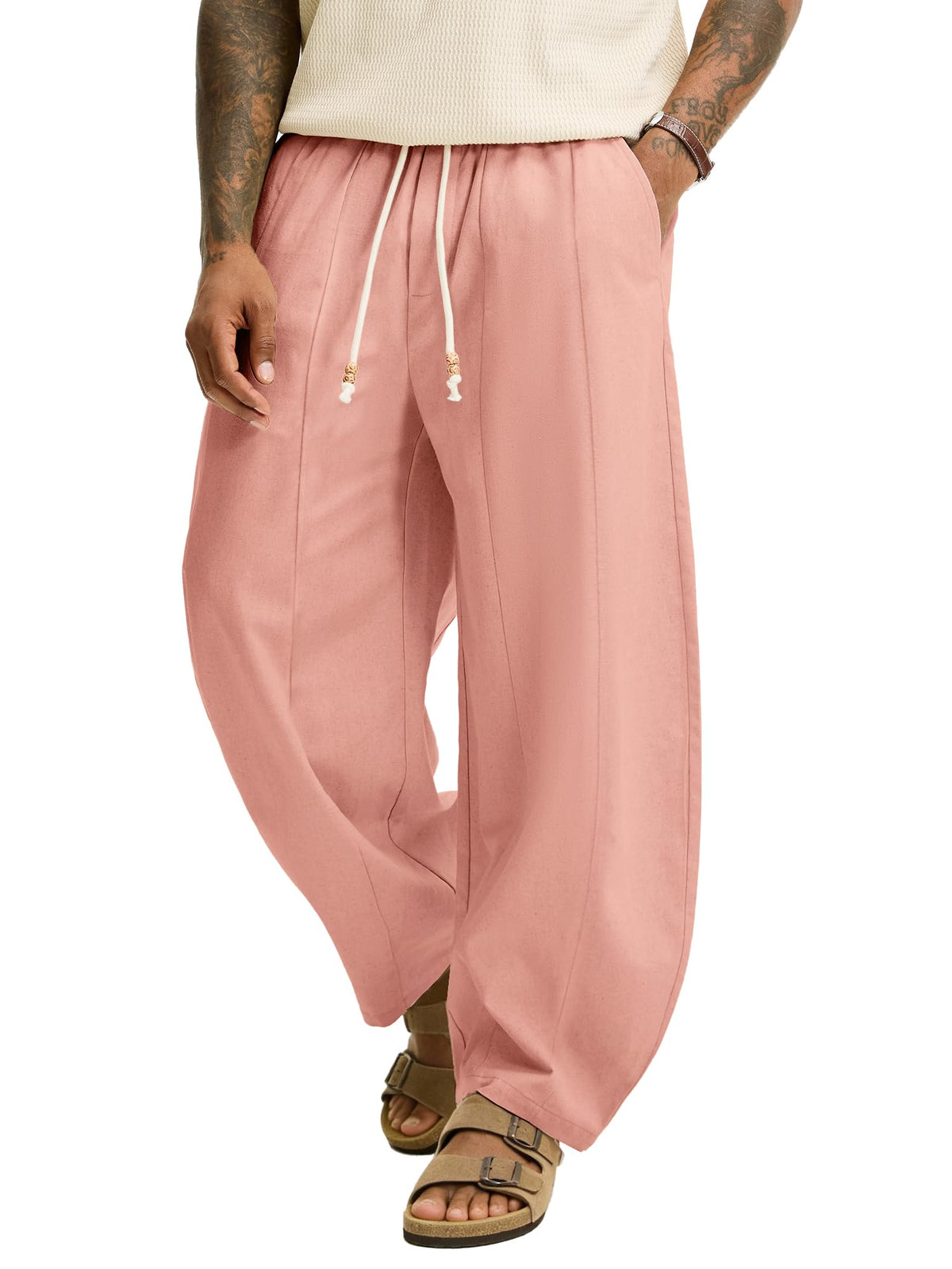 JEMLDL Men's Baggy Linen Cotton Pants Drawstring Summer Beach Vacation Pant
