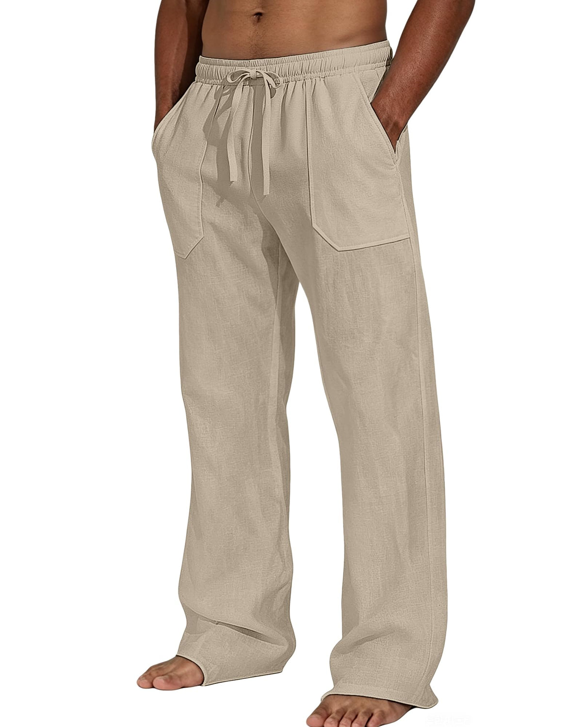 Men's Cotton Linen Casual Pants Elastic Waist Drawstring Loose Straight Leg Lightweight Summer Beach Yoga Lounge Trousers