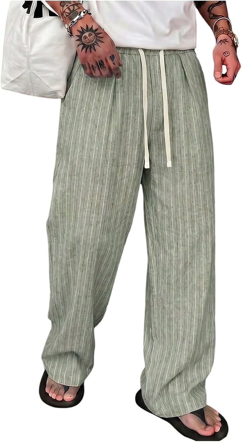SOLY HUX Men's Striped Baggy Wide Leg Pants Drawstring Pants Trousers