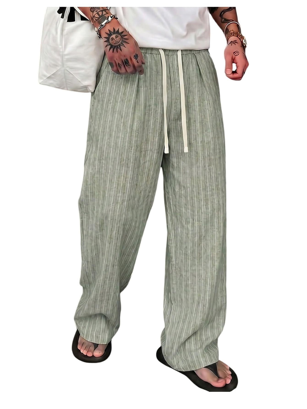 SOLY HUX Men's Striped Baggy Wide Leg Pants Drawstring Pants Trousers