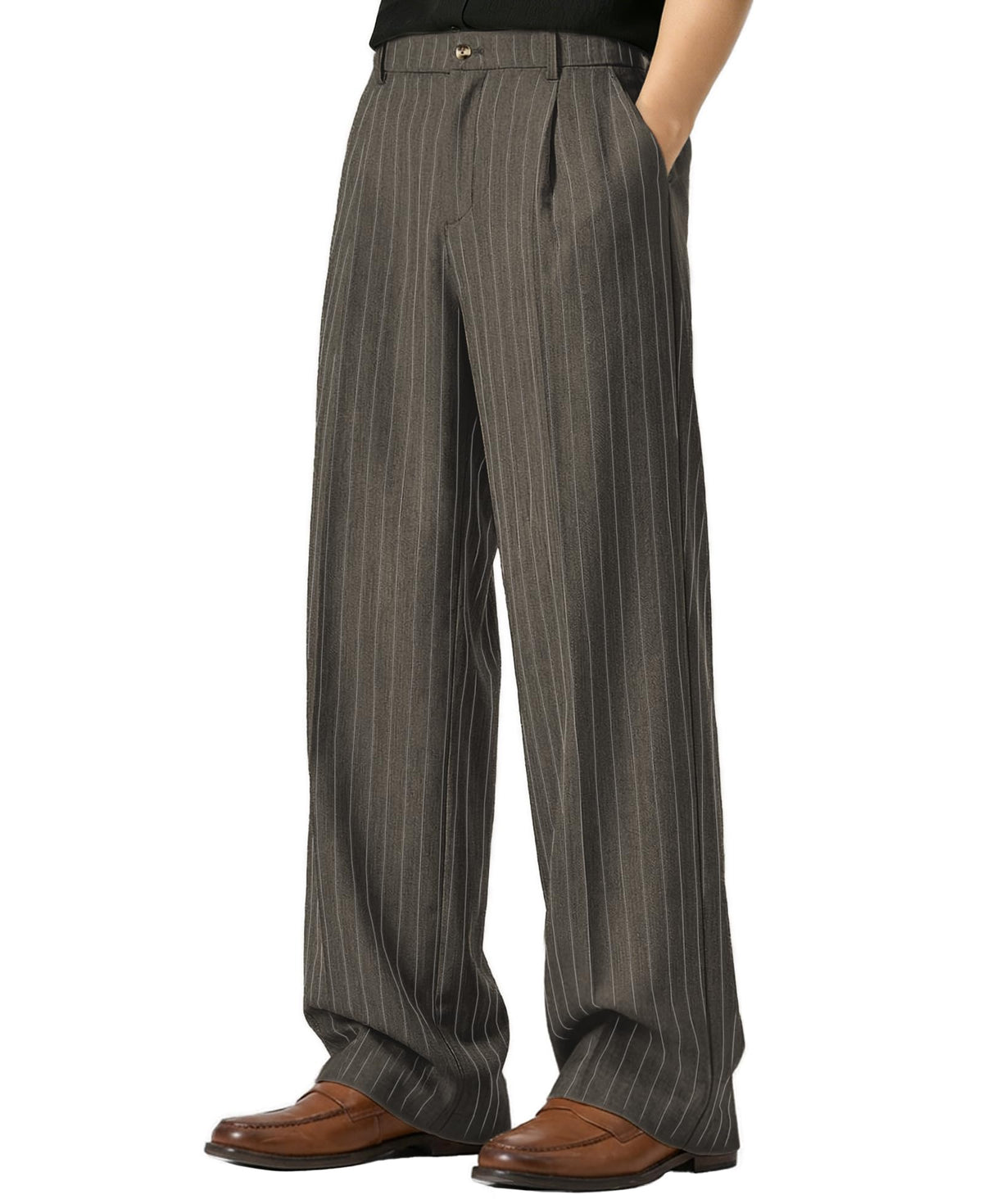 Susclude Mens Pinstripe Casual Dress Pants Old Money Wide Leg Baggy Pleated Slacks Elastic Wasist Loose Fit Work Trousers