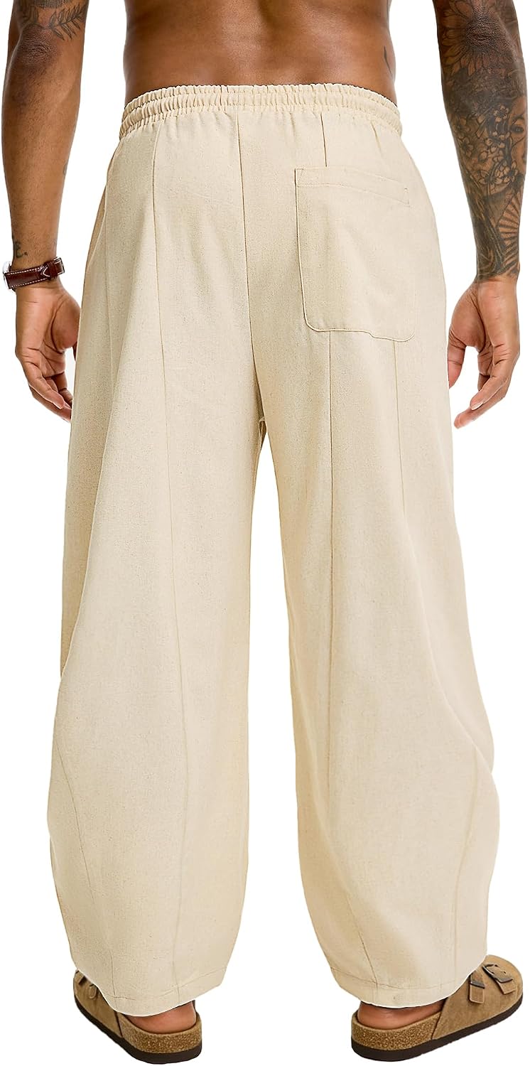 JEMLDL Men's Baggy Linen Cotton Pants Drawstring Summer Beach Vacation Pant