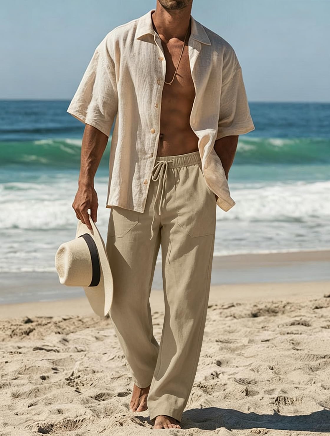 Puimentiua Cotton Linen Pants Men Casual Loose Fit Summer Beach Pants