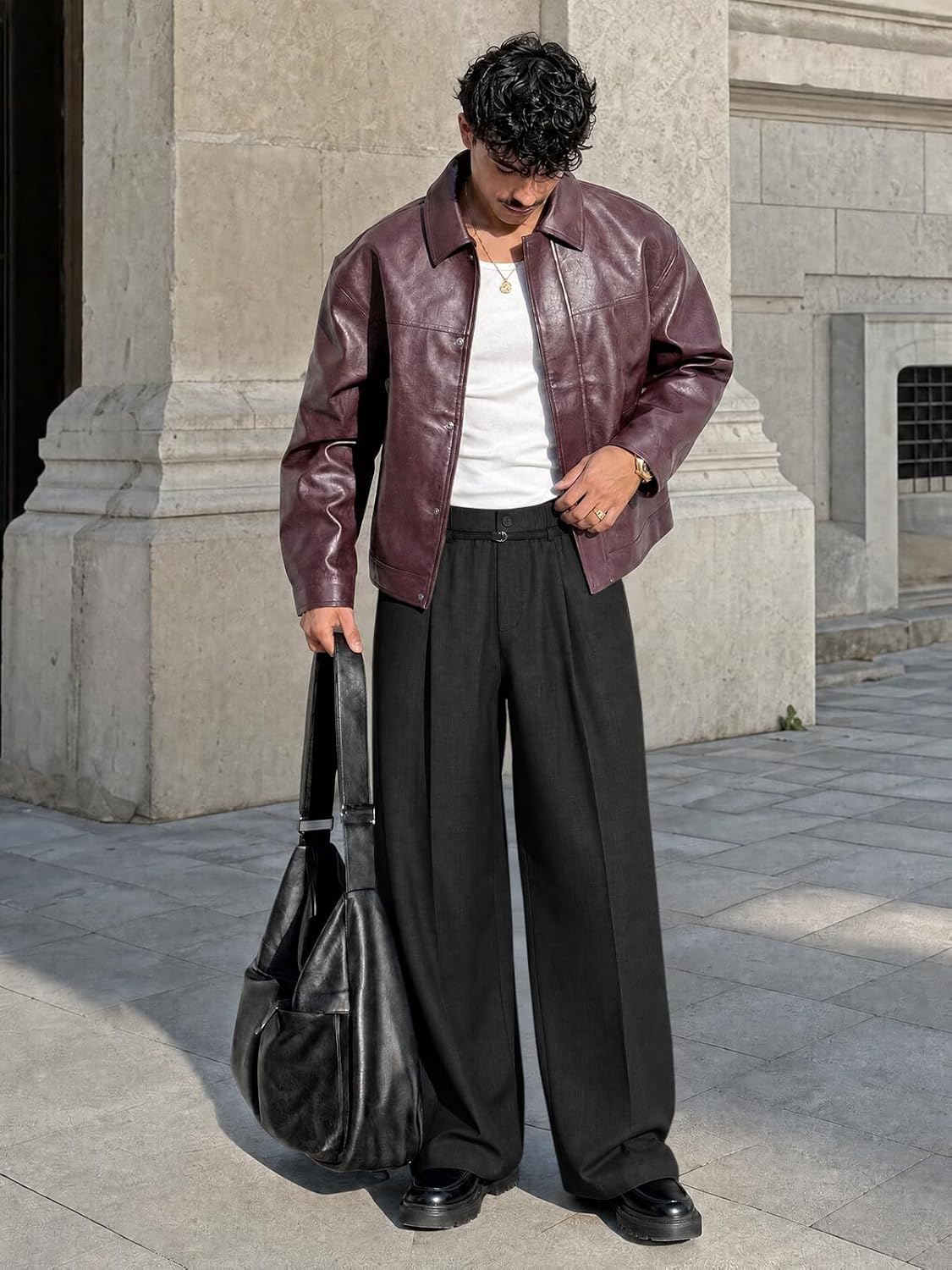 Runcati Mens Casual Dress Pants Elastic Waist Pleated Baggy Wide Leg Slacks